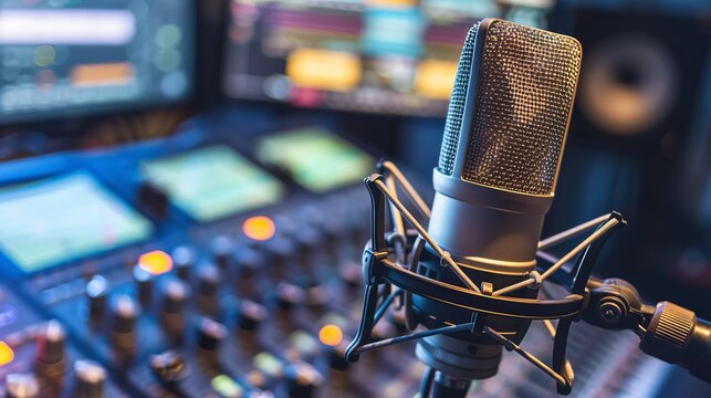 Professional radio station microphone in recording studio or broadcast room, ideal working place of radio host with equipment and soundproofing