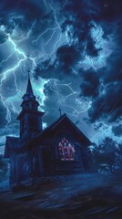 Bolt of lightning strikes behind an abandoned church during a dramatic thunderstorm, illuminating the building and the surrounding graveyard