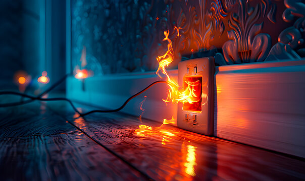 A close-up view of an electrical outlet with flames burning from it, with the room illuminated by the fire