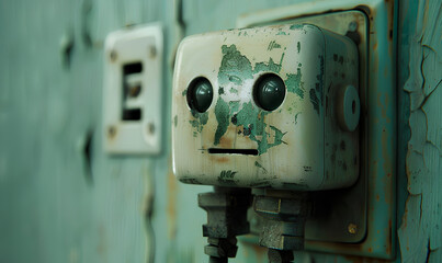 A weathered white robot is attached to a wall painted green