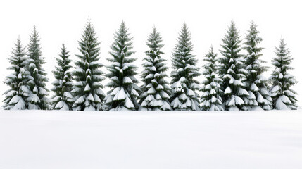 Fototapeta premium pine forest with snow-covered trees, isolated on a white background, serene winter landscape 