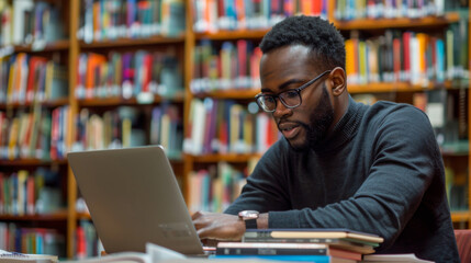 Adult student in library surrounded by books studying intently with laptop and notes in quiet focused atmosphere