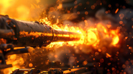 An artistic shot of a tank muzzle mid-fire, showing bright flames and smoke. Highlight the sharp details, intense heat, and realistic textures to create a visually compelling and unique image