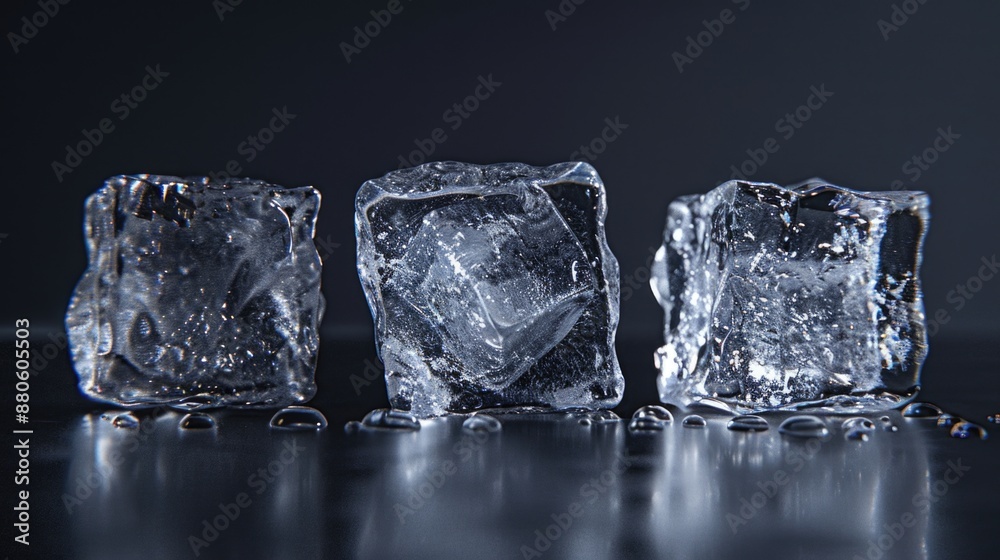 Poster three frozen blocks of ice sitting on a flat surface