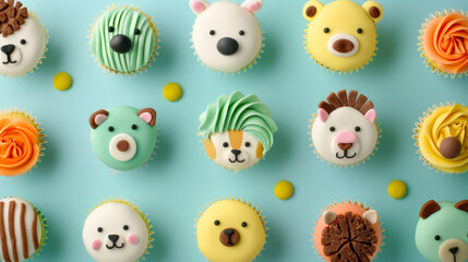Fototapeta premium Wide-angle view of a fun, zoo-themed cupcake display with animal faces, on a pastel-colored background 