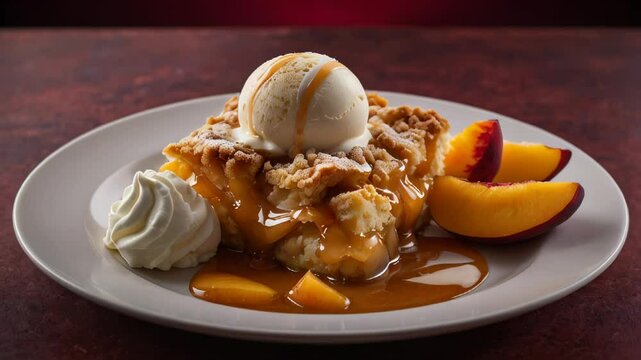 Delicious peach cobbler with vanilla ice cream, ideal for dessert menu promotion and culinary presentations