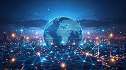 Obraz premium A digital network spreading across the globe, connecting major cities and landmarks
