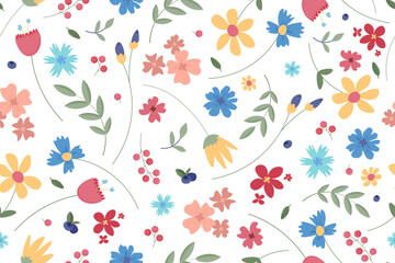 Vector floral seamless pattern with colorful flowers on white background.