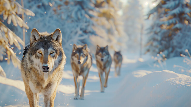 Gray Wolfs Pack in Snowy Forest, Winter Wildlife Portrait, Wild Predator, Canis Lupus, Eurasian Gray Wolf.