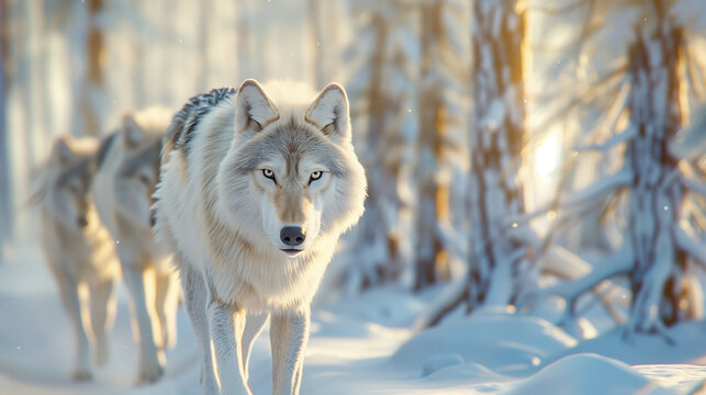 Gray Wolfs Pack in Snowy Forest, Winter Wildlife Portrait, Wild Predator, Canis Lupus, Eurasian Gray Wolf.