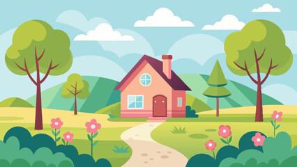 Fototapeta premium Spring countryside landscape with house, trees Cute vector illustration