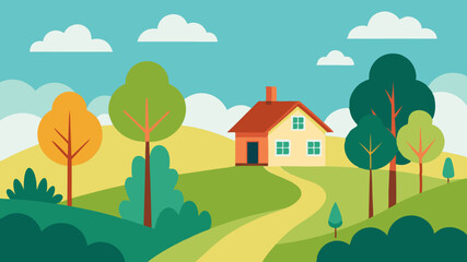 Fototapeta premium Spring countryside landscape with house, trees Cute vector illustration