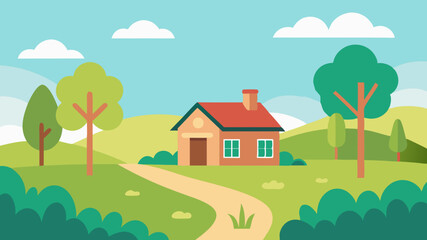 Obraz premium Spring countryside landscape with house, trees Cute vector illustration