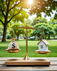 A golden scale with a house on one side and a bag of money on the other, set against a blurry background of green trees.