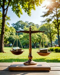Wooden scales with stacks of money on each side in a natural setting.