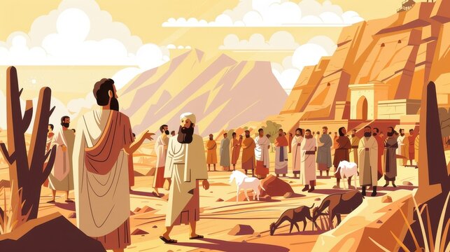 Genesis : Jacob and Laban , Biblical Illustration of Laban Searching for His Household Gods, Genesis Story, Beige Background, Copyspace