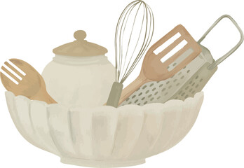 Vector Watercolor cook illustration, slotted spoon, spatula, bowl, kitchenware, tableware, utensils, set for creative cooking, utensils. Invitation, greeting cards, birthday, event, holiday, menu; coo