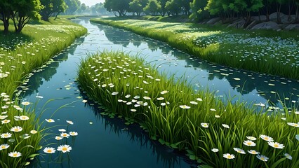 A tranquil river winding through a lush meadow, with white wildflowers blooming along the banks.