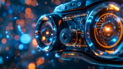 Close-up of a VR headset, showing detailed features and sensors