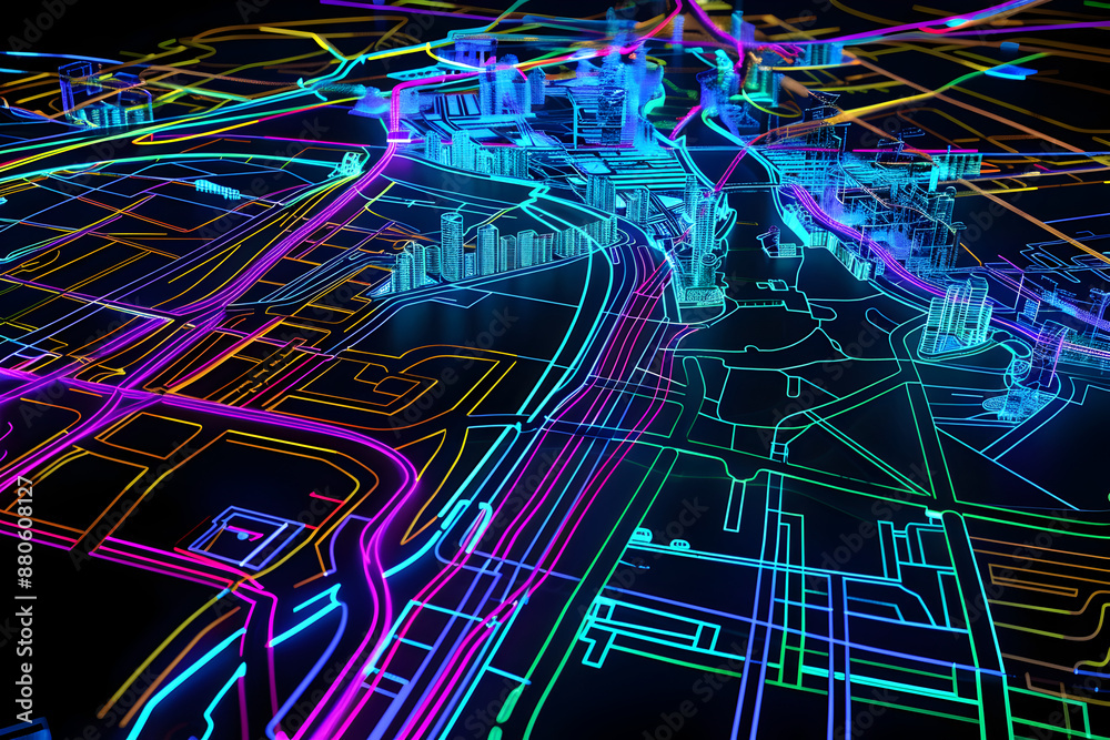 Wall mural neon wireframe map with highlighted routes isolated on black background.