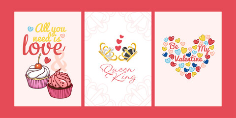 Valentine's Day designs in A4 format with cupcakes, crowns and hearts. Hand drawn vector illustration. Easy to edit vector format for cards, invitations, visuals.