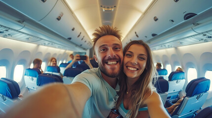 couple on an airplane going on vacation 