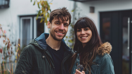 portrait of a couple outdoors smiling in front of a home 