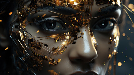 Fototapeta premium Minimalistic Portrait Of A Pretty Female Face With Gold Mask On Background Blur