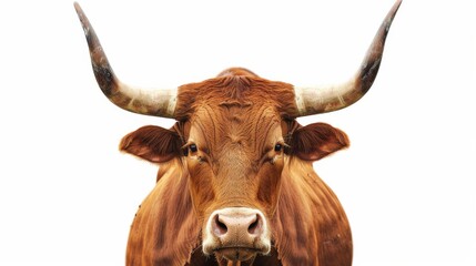 Naklejka premium Powerful brown bull with impressive horns stands proudly against a white background, captivating gaze drawing you in