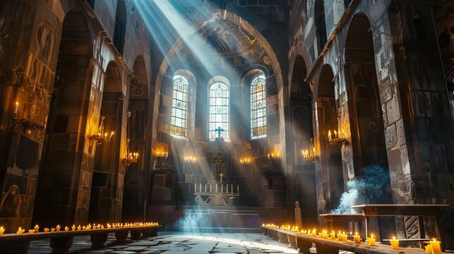 An old Armenian Christian church with sunbeams pouring in from the windows, illuminating the burning candles inside. It represents faith, history, architecture, travel, and religious traditions.