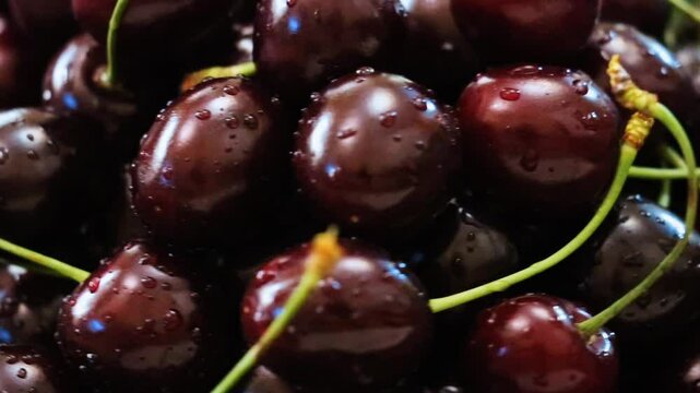 cherries fruit, closeup of a cherry fruit with drops
