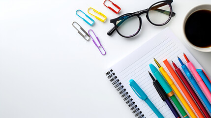 Colorful Office Supplies with Notepad, Glasses, and Coffee - Flat Lay