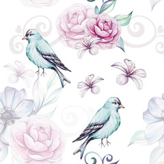 Watercolor vintage seamless pattern with blue victorian beard and pink roses, peony, brunch and leaves. Romantic flowers. For greeting cards, wedding, fabric, printing