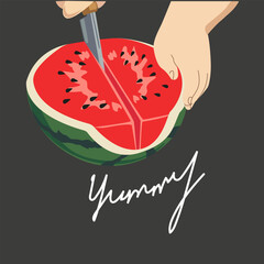 World watermelon day. National watermelon day poster. Summer fruit. Human hands with a knife cut a watermelon in half on a black background. Slicing watermelon
