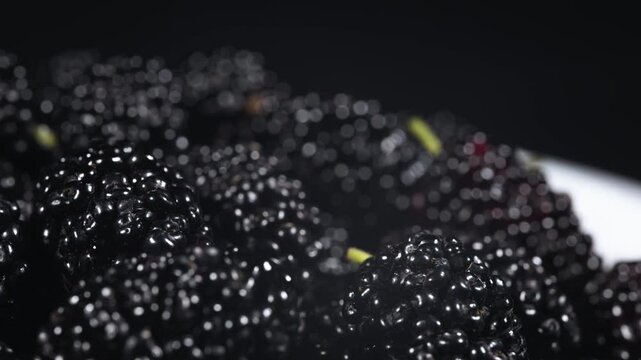 Fresh black mulberry on white plate on dark background. Concept of juicy and healthy seasonal garden berries.