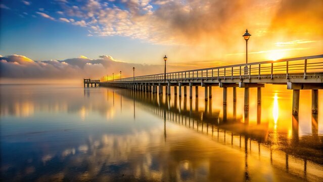 Serene dawn breaks over Shorncliffe pier, casting warm golden light on calm waters, with misty fog hovering above the tranquil coastal scene.