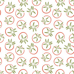 Seamless pattern of red tomato in line art style. Vegetable design for poster, label, menu. Vector illustration on a white background.
