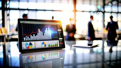 Financial Dashboard Blur: A blurred digital dashboard displaying financial metrics and KPIs, suitable for financial analysis and reporting themes.
