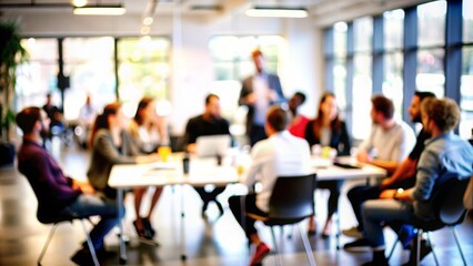 Entrepreneurial Workshop Blur: A blurred workshop environment with entrepreneurs engaging in activities and discussions, suitable for startup themes.
