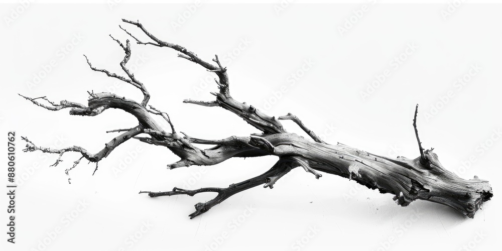Poster a black and white photo of a dead tree with a twisted and gnarled trunk