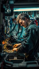 Professionelle Autoreparatur: Mechatroniker bei Auspuffreparatur