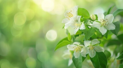 Obraz premium Graceful white jasmine flowers blooming in a sunny garden, exuding fresh beauty and evoking feelings of purity and romance. Perfect for peaceful outdoor projects