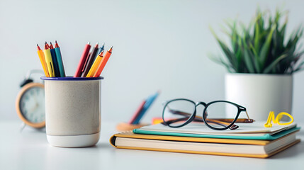 Colorful Desk Setup with Pens, Glasses, Books, and Plant - Office Workspace"
