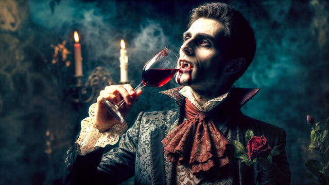Halloween scene with vampire drinking blood from wine glass, capturing essence of horror and thrill