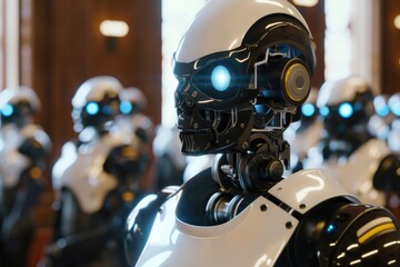 Group of robots standing in a room, modern technology concept