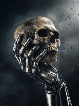 A chilling depiction of a cyborg hand gripping a human skull, symbolizing the ominous future where technology poses a significant threat to human existence and global dominance.