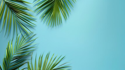 Obraz premium Tropical palm leaves on blue background with space for text