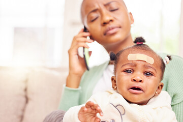 Phone call, crying and mother with baby in home with stress for injury, hurt or sick child. Telehealth, medical emergency and portrait of sad kid with African mom on mobile conversation at house.