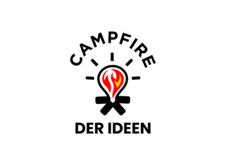 camping logo campfire and lamp light bulb design concept