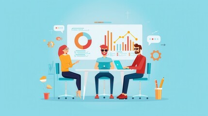 Business strategy meeting, team analyzing market trends, flat design illustration